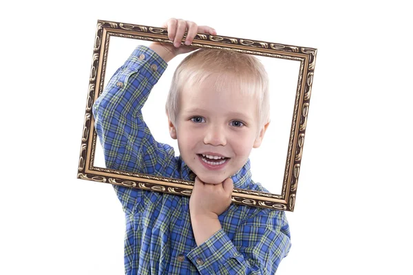 Boy holding frame Stock Picture