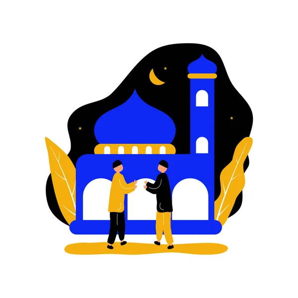 Eid Mubarak Con Dos Hombres Estrechan Mano Frente Mezquita — Vector de stock