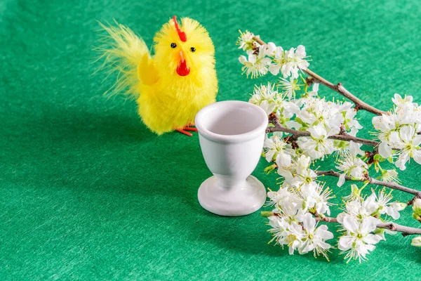 Toy yellow chicken, white egg cup and blooming branches of fruit tree on the green background. Happy easter greeting card, springtime, happy easter.