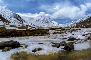 Along way at Khardung La Pass in Ladakh, India. Khardung La is a high mountain pass located in the Ladakh region of the Indian state of Jammu and Kashmir. The elevation of Khardung La is 5,359 m. clipart