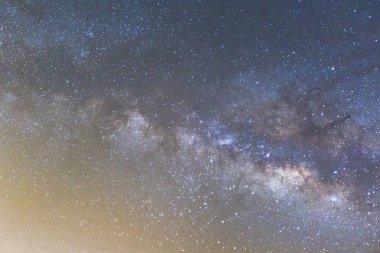 Milky Way and the starry sky captured from a full frame camera long exposure photograph at 3200 iso and f/2.8. ** Note: Visible grain at 100%