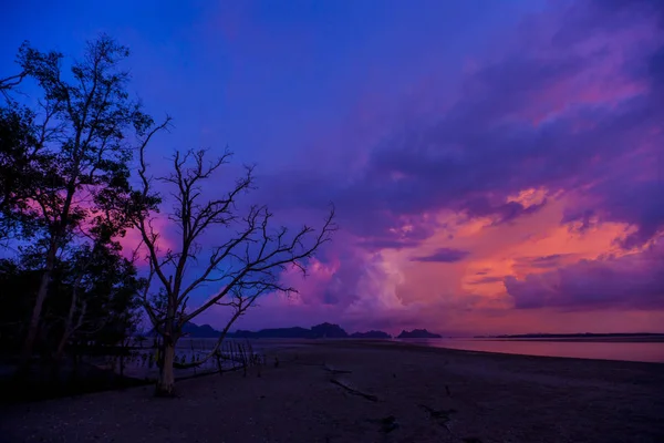 Silhouetted στην παραλία το ηλιοβασίλεμα στιγμή, Λυκόφως ουρανού μετά — Φωτογραφία Αρχείου