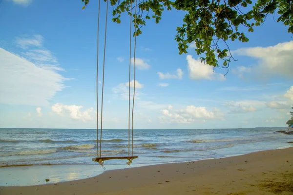 Balanço pendurado sob a árvore na praia — Fotografia de Stock