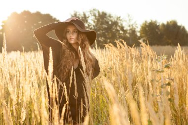 Beautiful young lady in a brown dress in a field - sunrise shot clipart