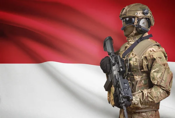Soldier in helmet holding machine gun with flag on background series - Monaco — Stok Foto