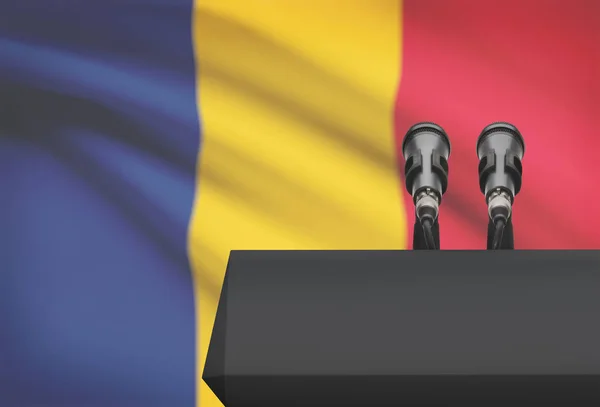 Pulpit and two microphones with a national flag on background - Romania — Stock Photo, Image