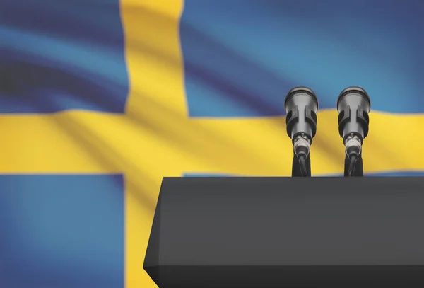 Кафедри і два мікрофони з національного прапора на фоні - Швеція — стокове фото