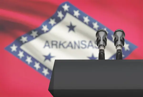 Pulpit and two microphones with USA state flag on background - Arkansas — Stock Photo, Image