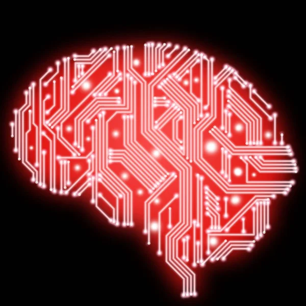 Illustration of circuit board in human brain form - red on black — Stock Photo, Image