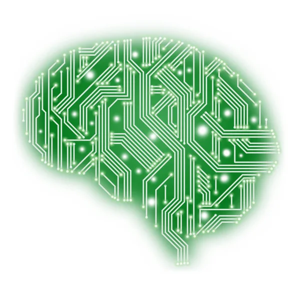 Illustration of circuit board in human brain form - green on white — Stock Photo, Image