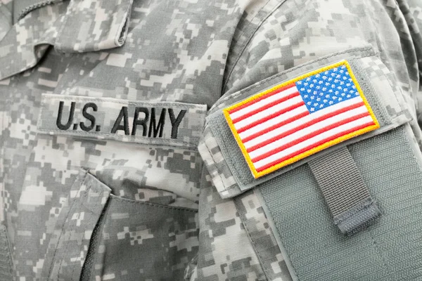 Close up studio shot of USA flag and U.S. ARMY patch on solders uniform — Stok Foto