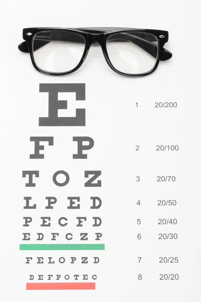 Close up shot of a table for eyesight test with glasses over it — Stock Photo, Image