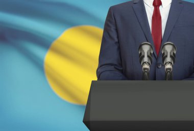 İşadamı veya arka plan üzerinde - Palau bir minber ile ulusal bayrak arkasından konuşma yapma politikacı