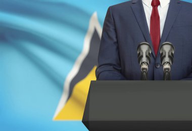 İşadamı veya arka plan üzerinde - Saint Lucia bir minber ile ulusal bayrak arkasından konuşma yapma politikacı