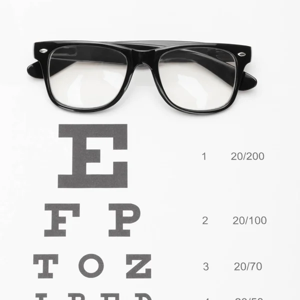 Medicine and medical symbols - close up shot of a table for eyesight test with glasses over it — Stock Photo, Image