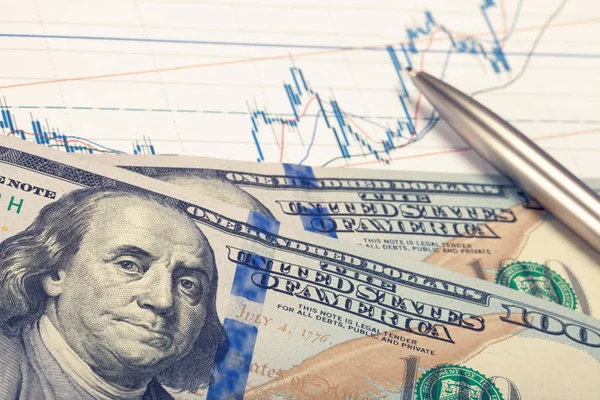 Stock market grafiek met pen en honderd dollar biljet - close-up shot. Gefilterde afbeelding: Kruis verwerkt vintage effect. Stockfoto