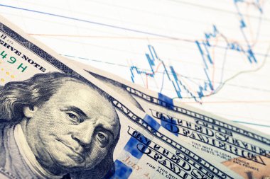 100 ABD Doları banknot ile borsa Mum grafiği. Filtre uygulanan görüntü: çapraz işlenen vintage etkisi.