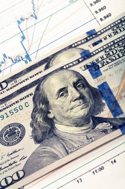 Hisse senedi grafiği üzerinde yüz ABD Doları banknot. Filtre uygulanan görüntü: çapraz işlenen vintage etkisi.