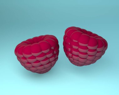 Mavi arka planda ahududu, 3 boyutlu illüstrasyon