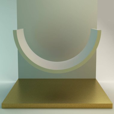 Geometrik basit şekilli sahne. Altın podyum, yumuşak ışık. 3d illüstrasyon