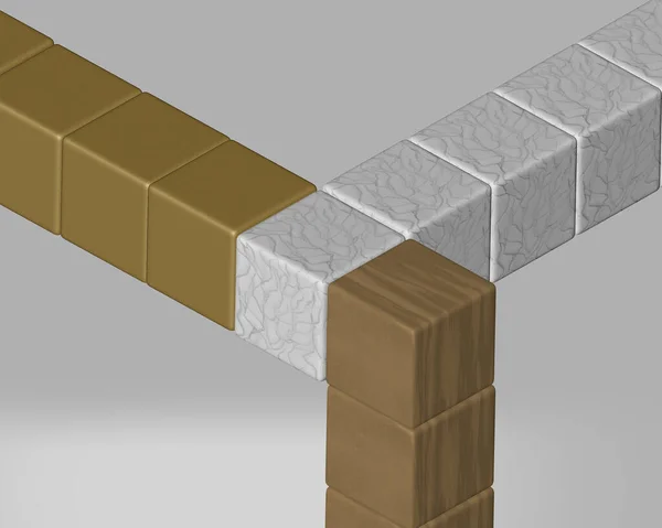 Mermer, altın, tahta küpler, desen. 3d illüstrasyon