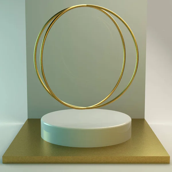 Geometrik basit şekilli sahne. Altın podyum, yumuşak ışık. 3d illüstrasyon