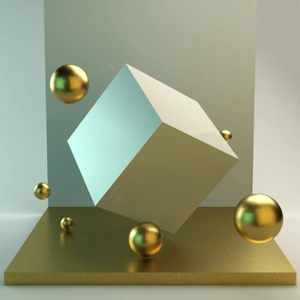 Geometrik basit şekilli sahne. Altın podyum, yumuşak ışık. 3d illüstrasyon
