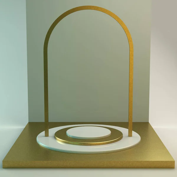 Geometrik basit şekilli sahne. Altın podyum, yumuşak ışık. 3d illüstrasyon