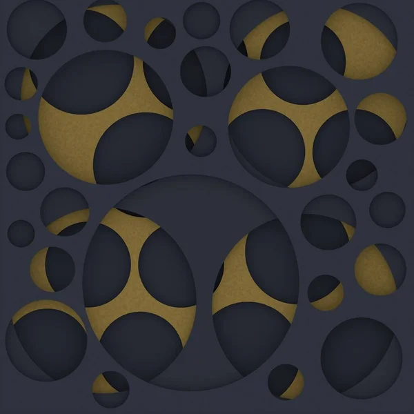 Yuvarlak aksanlı, katmanlı, koyu tonlu ve mavi aksanlı bir süs. Altın desen, Geometrik desen. 3d illüstrasyon.