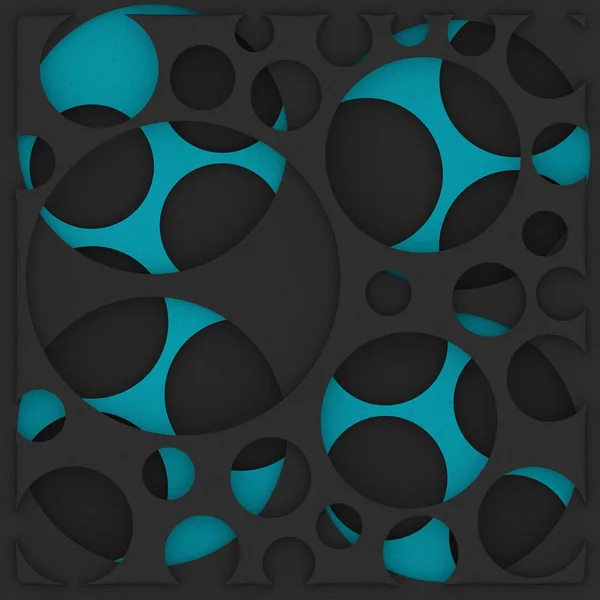 Yuvarlak aksanlı, katmanlı, koyu tonlu ve mavi aksanlı bir süs. Altın desen, Geometrik desen. 3d illüstrasyon.
