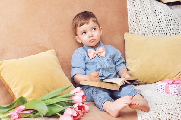 Little Boy Sits Home His Sofa Book Love Dreams — Stock Photo, Image
