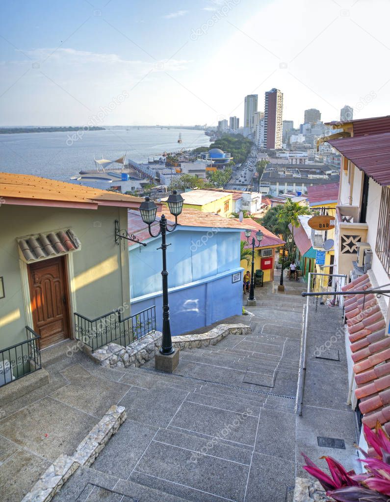 Stairs and houses with Guayaquil in background