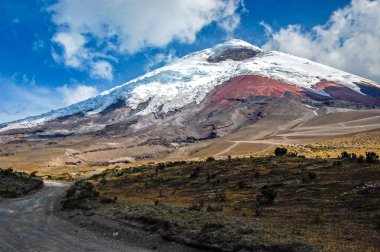 Güneşli bir sabahta Cotopaxi Ulusal Parkı 'ndan Cotopaxi volkanı manzarası. Ekvador