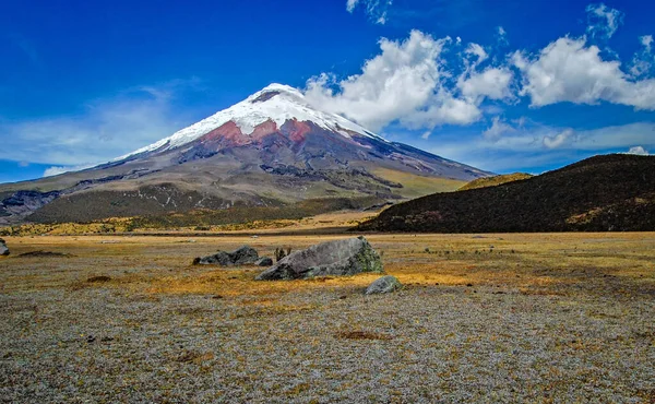 Blick Auf Den Vulkan Cotopaxi Einem Sonnigen Morgen Vordergrund Vulkangestein — Stockfoto