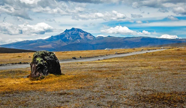 Grande Rocha Vulcânica Primeiro Plano Com Vulcão Sincholagua Fundo Parque — Fotografia de Stock