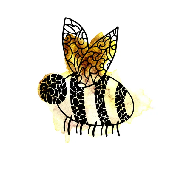 Absztrakt aranyos méh mágikus erdő akvarell foltok és splashe — Stock Fotó