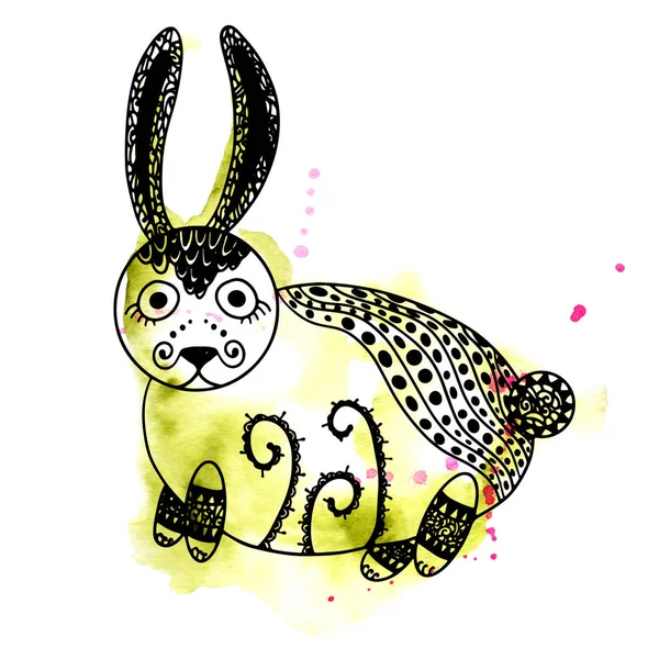 Abstract unusual cute bunny magic forest watercolor blots and sp — Stock Photo, Image