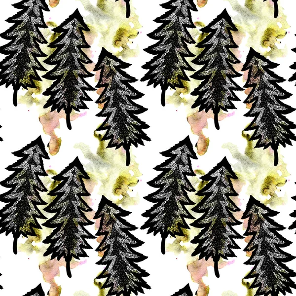 Mystický les s mnoha prospekty neobvyklé vánoční stromky a jasný abstraktní akvarel scour a skvrnitý bezešvý vzor — Stock fotografie