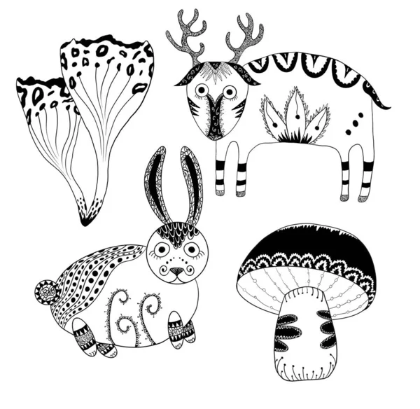 Mystical cute little deer, cute bunny and lacy forest mushrooms. Mysterious forest hand-drawn line art set — Stock Photo, Image