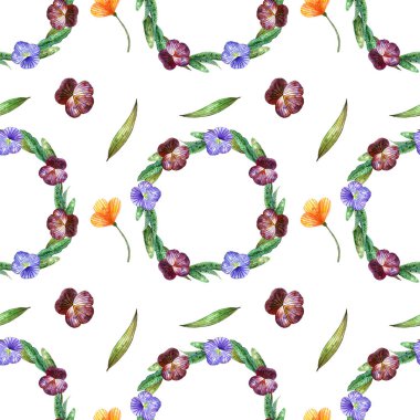 Suluboya kır çiçekleri. Çelenk ve portakal çiçekleriyle kusursuz desen.