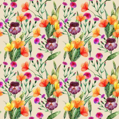 Suluboya kır çiçekleri. Bej rengi bir sürü çayır çiçeğiyle kusursuz desen.