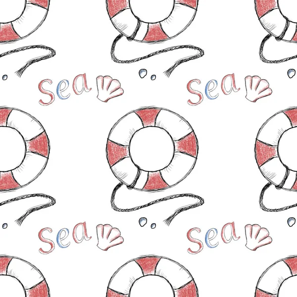 Summer Sea Doodle Rettungsring, das Wort Meer und eine Muschel, nahtloses Muster — Stockfoto