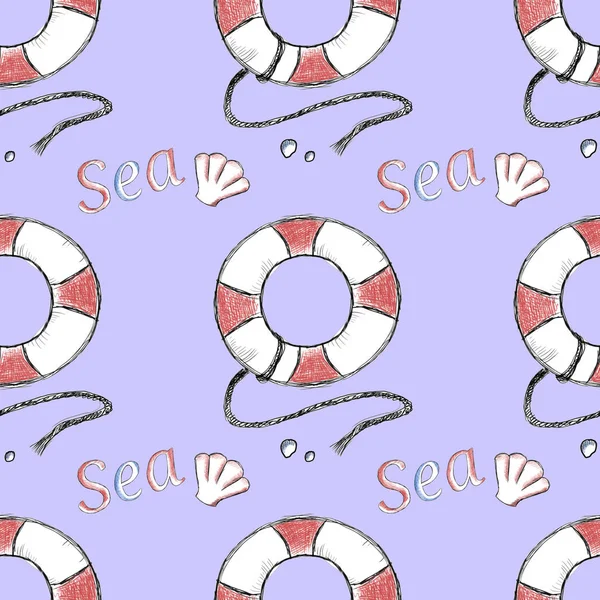 Summer Sea Doodle Rettungsring, das Wort Meer und eine Muschel, nahtloses Muster blau — Stockfoto