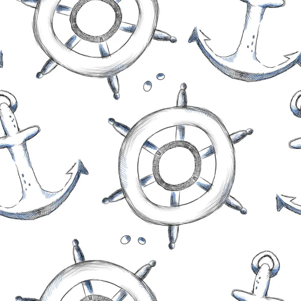 Summer sea doodle anchors and handwheels, seamless pattern — Stock Photo, Image