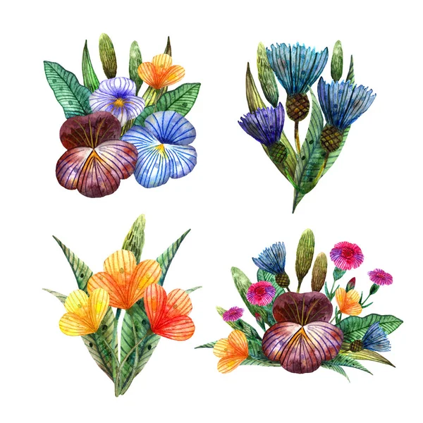 Fleurs sauvages aquarelle. Ensemble de quatre mignons bouquets d'été de fleurs de prairie colorées — Photo