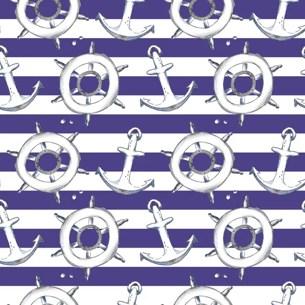 Summer doodles anchors and handwheels, seamless pattern