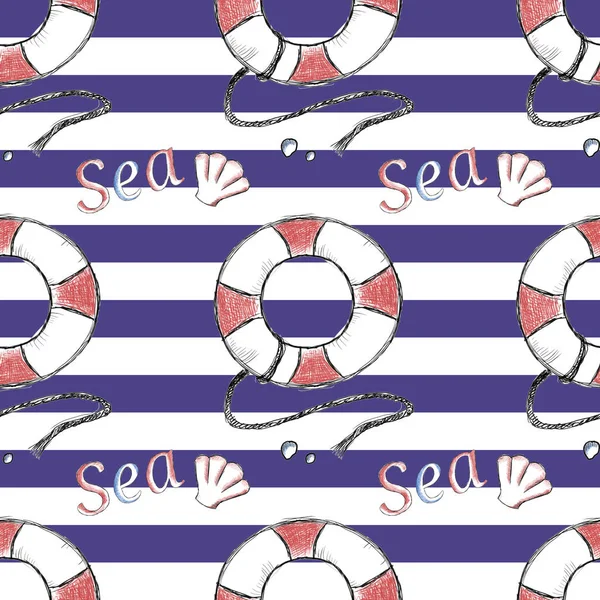 Summer sea doodle lifebuoy, the word sea and a shell, seamless pattern