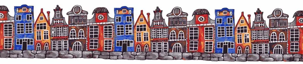 Akvarel nekonečná řada amsterdamských domů vektor — Stock fotografie