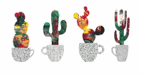Set of abstract acrylic cacti in graphic pots ストック画像