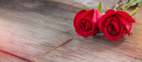 Due rose innamorate sulla tavola di legno — Foto Stock